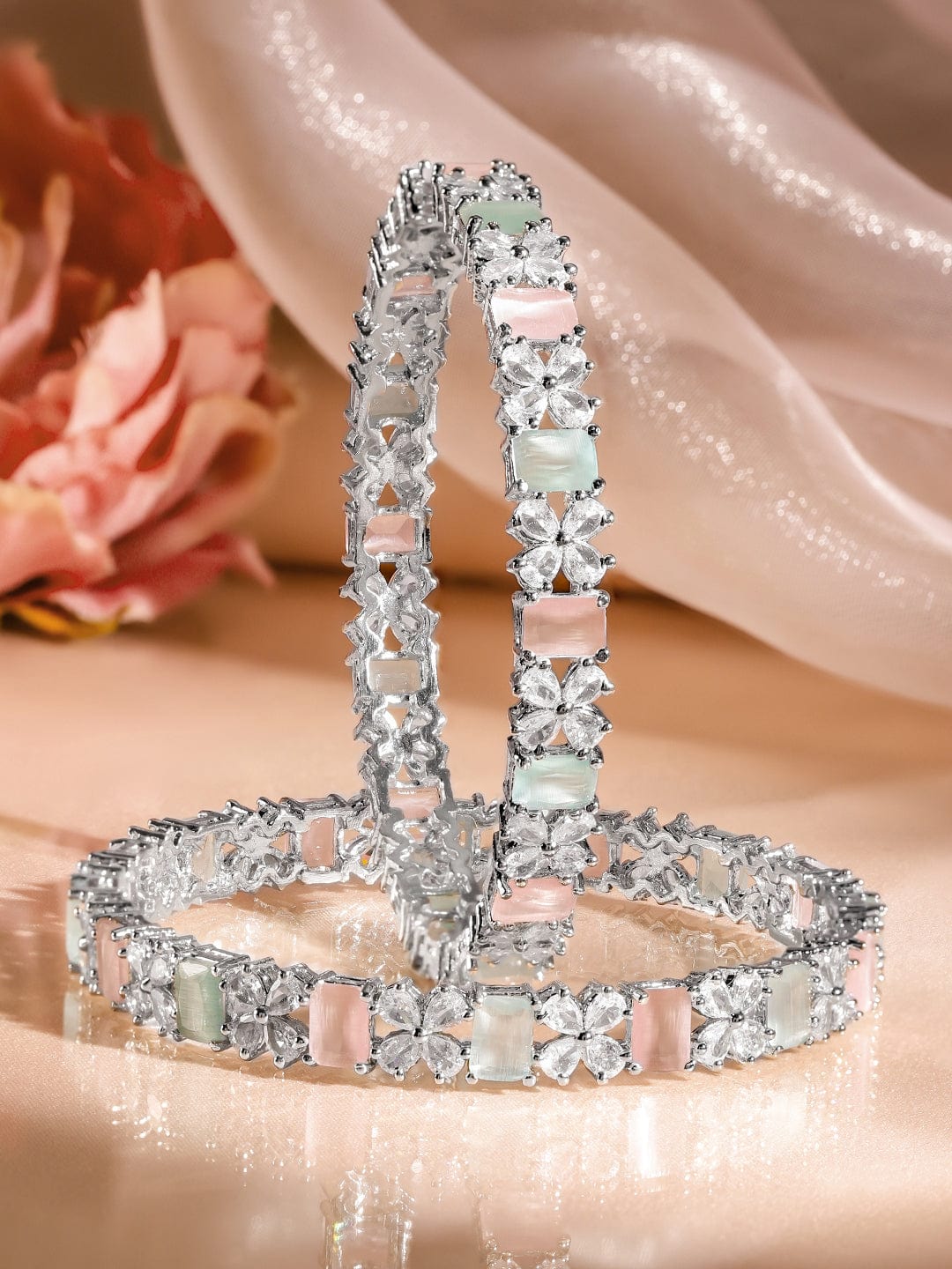 Set of 2 Rhodium-Plated Pastel Green & Pink and White Cubic Zirconia Studded Bangles - 2.6