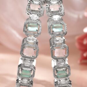 Set of 2 Rhodium-Plated Pastel Pink, Mint Green & White Zirconia Studded Bangles - 2.6