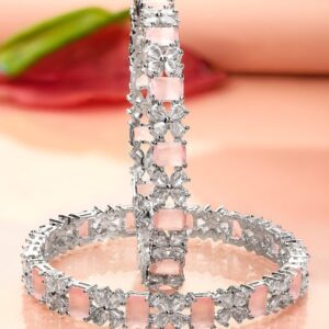 Set of 2 Rhodium-Plated Pastel Pink & White Cubic Zirconia Studded Bangles - 2.6
