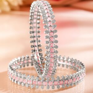 Set of 2 Rhodium-Plated Pastel Pink & White Cubic Zirconia Studded Luxe Bangles - 02-Aug