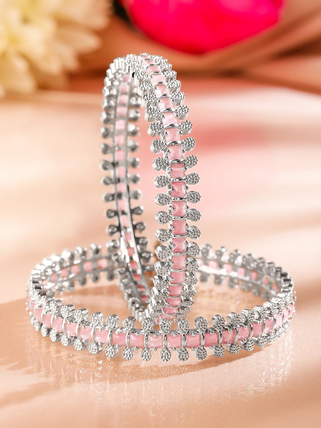 Set of 2 Rhodium-Plated Pastel Pink & White Cubic Zirconia Studded Luxe Bangles - 02-Jun
