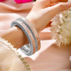 Set of 2 Rhodium-Plated Peach Cubic Zirconia Studded Handcrafted Premium Bangles - 02-Jun