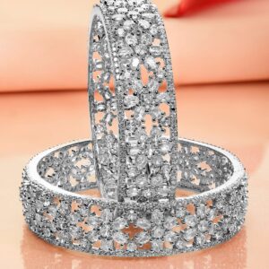 Set of 2 Rhodium Plated Premium Quality White AD & Cubic Zirconia Studded Bangles - 02-Aug