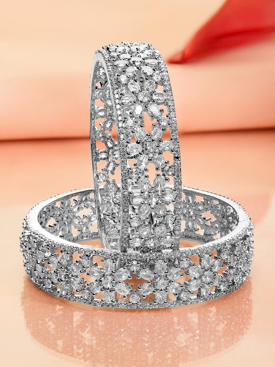 Set of 2 Rhodium Plated Premium Quality White AD & Cubic Zirconia Studded Bangles - 02-Apr