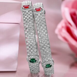 Set of 2 Rhodium-Plated Ruby Emerald and Cubic Zirconia Studded Premium Bangles - 02-Aug