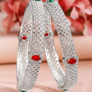 Set of 2 Rhodium-Plated Ruby Emerald and Cubic Zirconia Studded Premium Bangles - 2.6