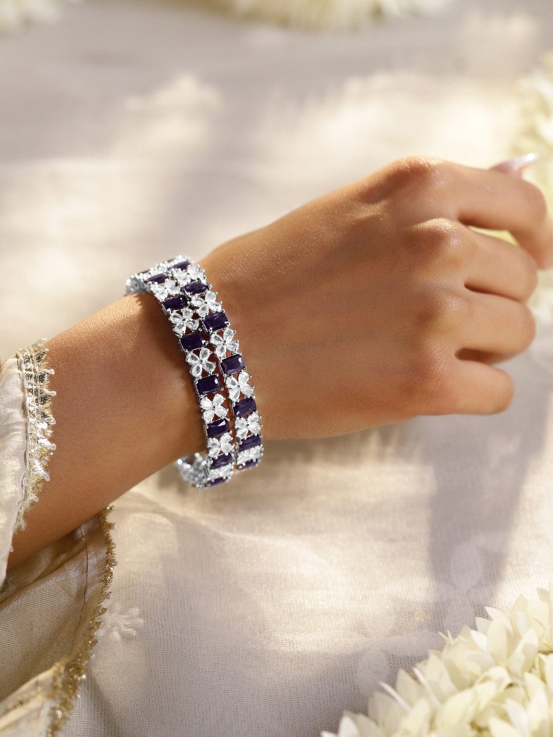 Set Of 2 Rhodium-Plated Sapphire & CZ Studded Bangles - 02-Apr