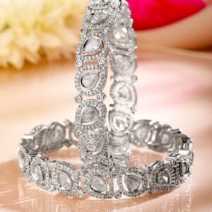 Set of 2 Rhodium-Plated Teardrop Cubic Zirconia Studded Handcrafted Premium Bangles for Women - 02-Apr