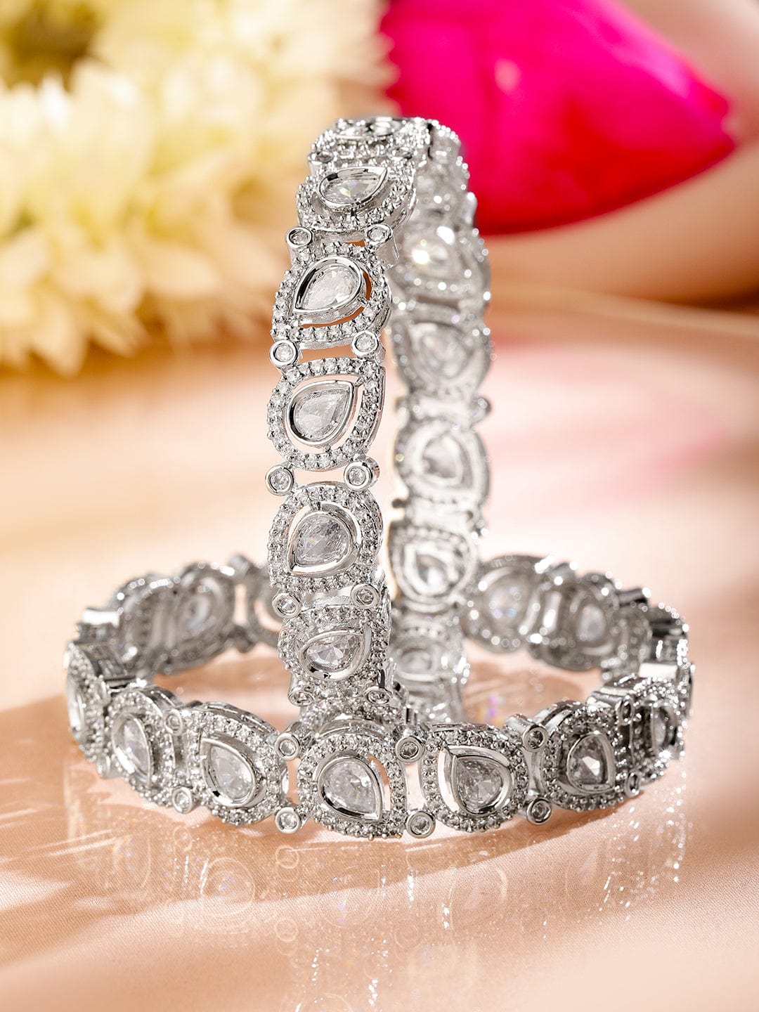 Set of 2 Rhodium-Plated Teardrop Cubic Zirconia Studded Handcrafted Premium Bangles for Women - 02-Apr