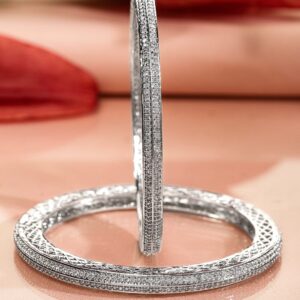 Set of 2 Rhodium-Plated White Cubic Zirconia Studded Classic Premium Bangles for Women - 02-Apr