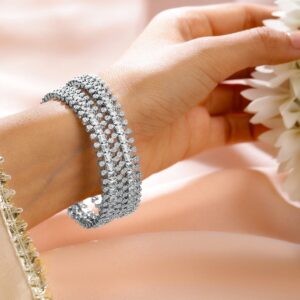 Set of 2 Rhodium-Plated White Cubic Zirconia Studded Handcrafted Luxe Bangles - 02-Aug