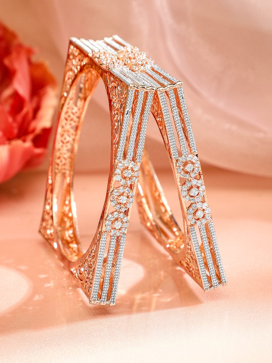 Set Of 2 Rose Gold-Plated Cubic Zirconia Stone Studded Handcrafted Bangle - 2.4