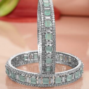 Set of 2 Silver-Plated Mint Green & White Cubic Zirconia Studded Premium Bangles - 02-Apr