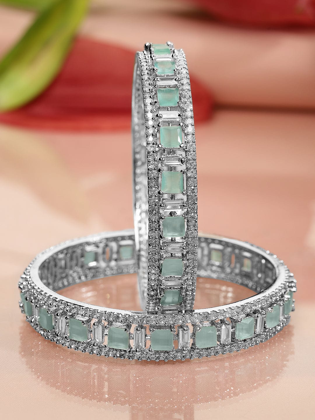 Set of 2 Silver-Plated Mint Green & White Cubic Zirconia Studded Premium Bangles - 02-Aug