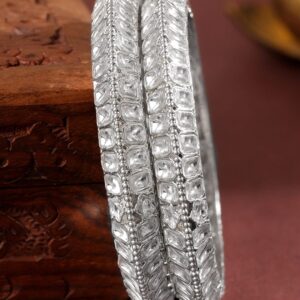 Set of 2 Silver-Plated White Kundan Studded Broad Traditional Bangles - 2.6