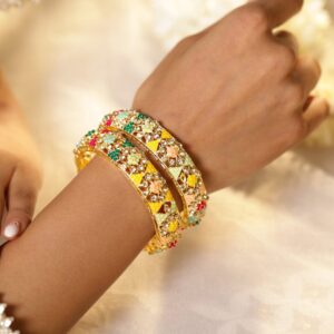 Set of 2 24K Gold-Plated Multicolor Stone & Beaded Handcrafted Floral Bangles - 2.4
