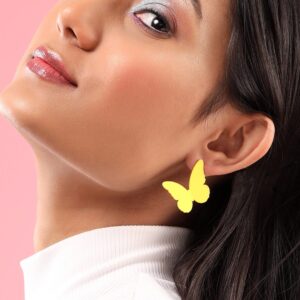 Set Of 2, Yellow Butterfly Stud & Heart shaped Blue Enamel Hoop Earring - Multicolor