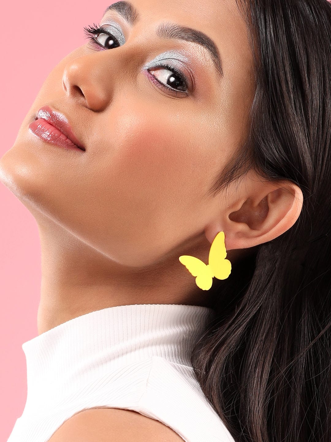 Set Of 2, Yellow Butterfly Stud & Heart shaped Blue Enamel Hoop Earring - Multicolor