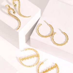 Set of 3 18K Gold-Plated Textured Hoop Earrings with Snake Drop Design - Gold