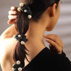 Set of 3 Black Satin Pearl Embellished Scrunchies for Stylish Hair Accessories - Black