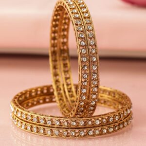 Set of 4 18 K Mehndi Gold-Plated Crystal White Cubic Zirconia Studded Bangles - 2.8