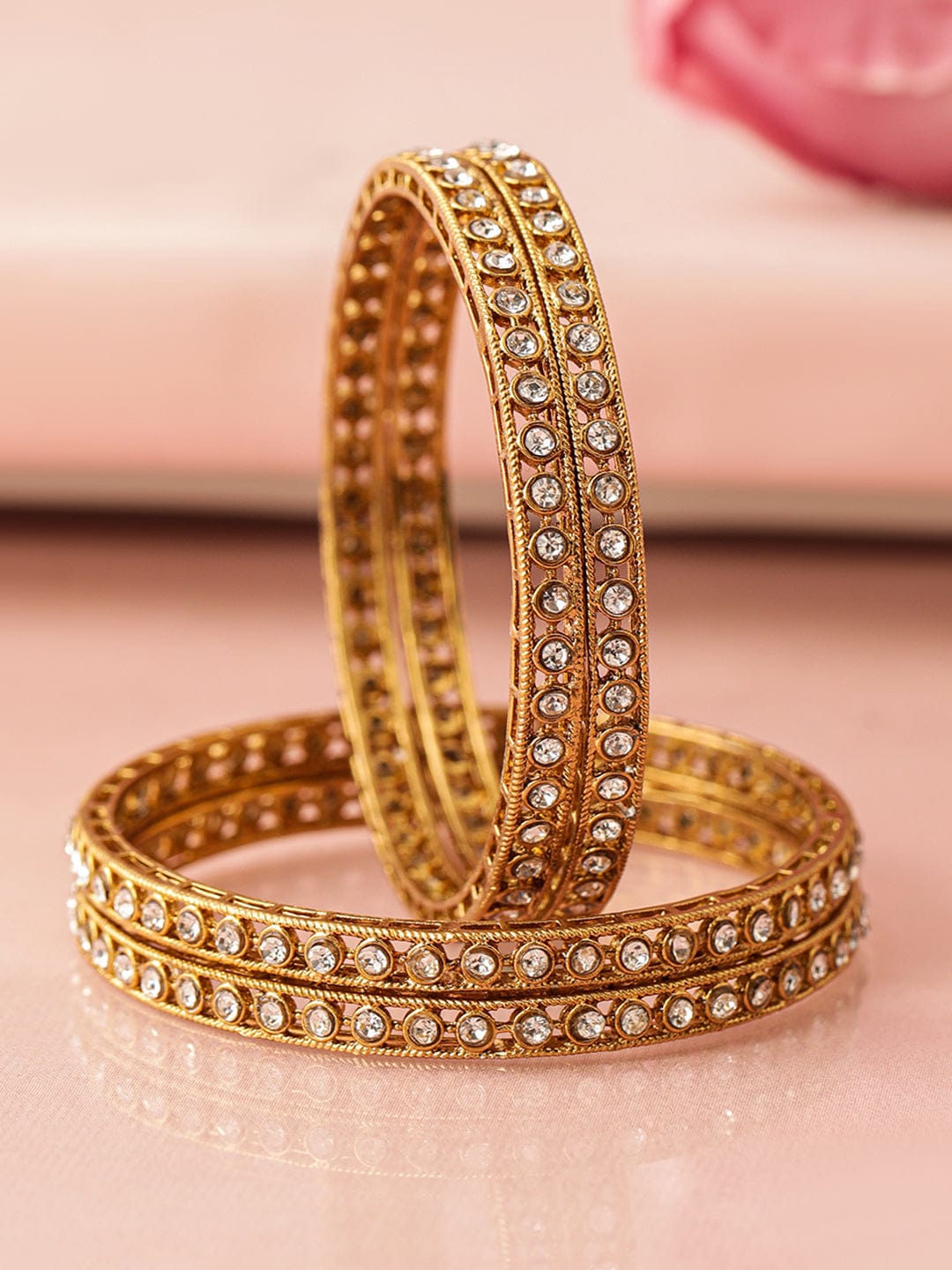 Set of 4 18 K Mehndi Gold-Plated Crystal White Cubic Zirconia Studded Bangles - 2.8