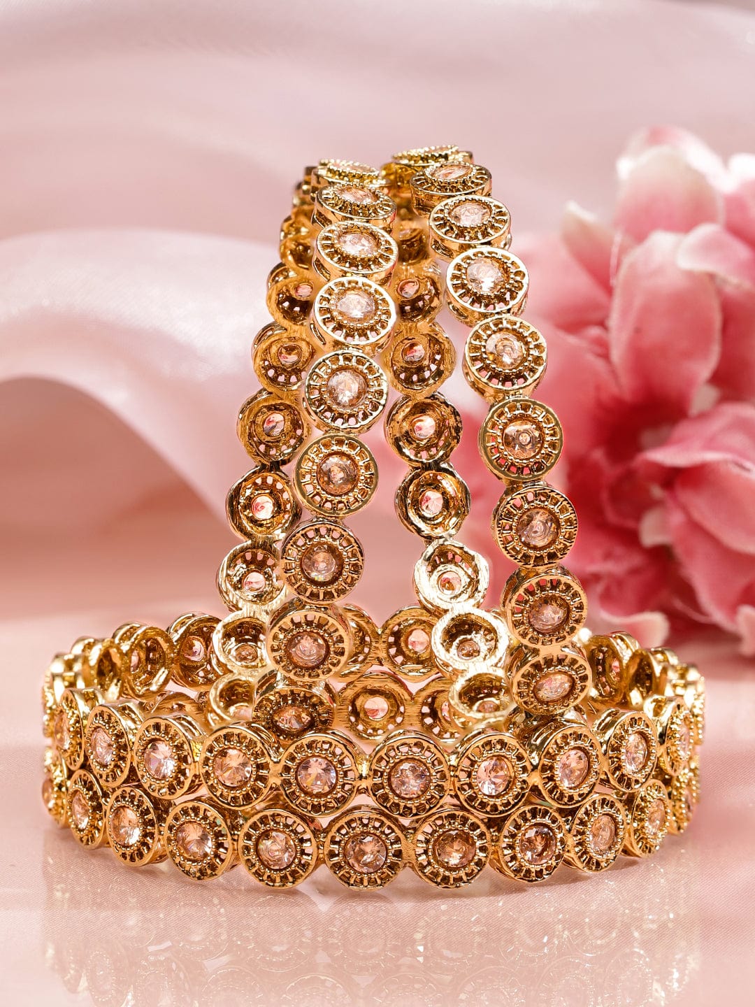Set of 4 18K Gold-Plated Light Peach Cubic Zirconia Studded Circular Bangles - 2.4