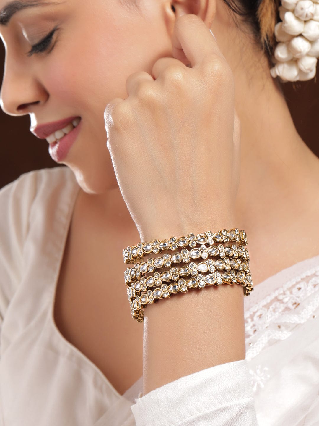 Set of 4 18K Mehandi Gold-Plated Kundan & Cubic Zirconia Studded Designer Bangles - 02-Jun