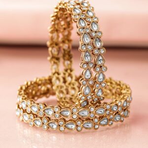 Set of 4 18K Mehandi Gold-Plated Kundan & Cubic Zirconia Studded Designer Bangles - 2.8