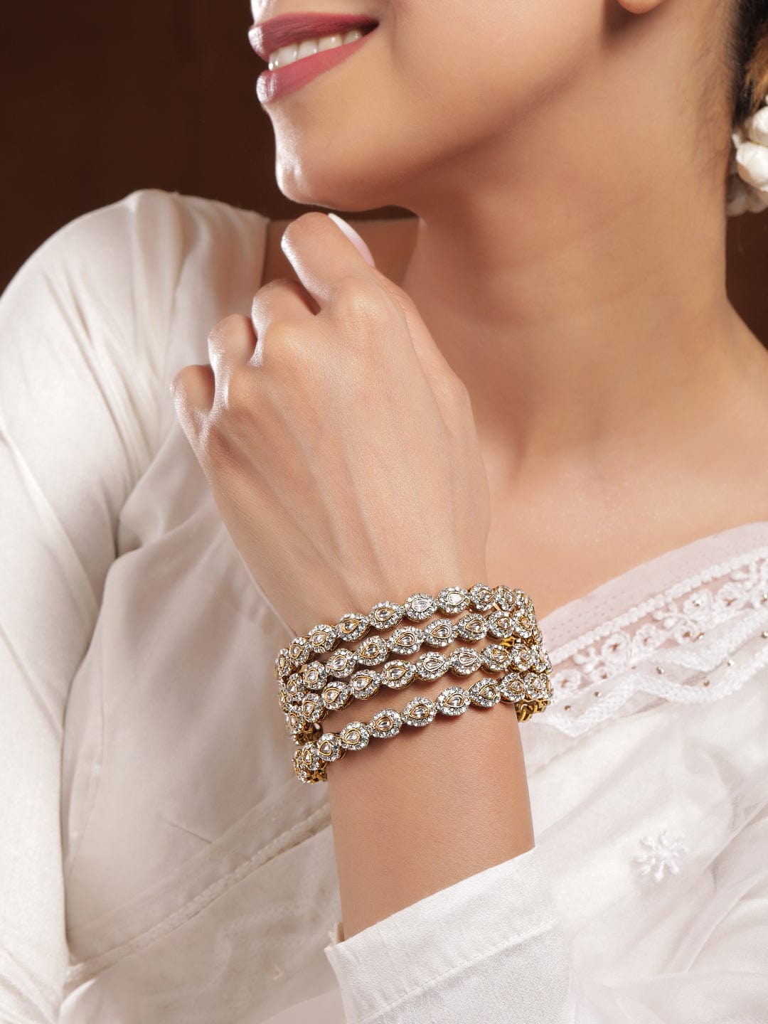 Set of 4 18K Mehandi Gold-Plated Kundan & Cubic Zirconia Studded Handcrafted Bangle - 2.6