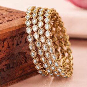 Set of 4 18K Mehandi Gold-Plated Kundan Studded Handcrafted Traditional Bangles - 2.6