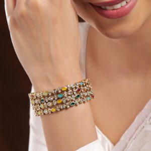 Set of 4 18K Mehandi Gold-Plated Multicolor Kundan & Gemstone Studded Bangles - 02-Aug