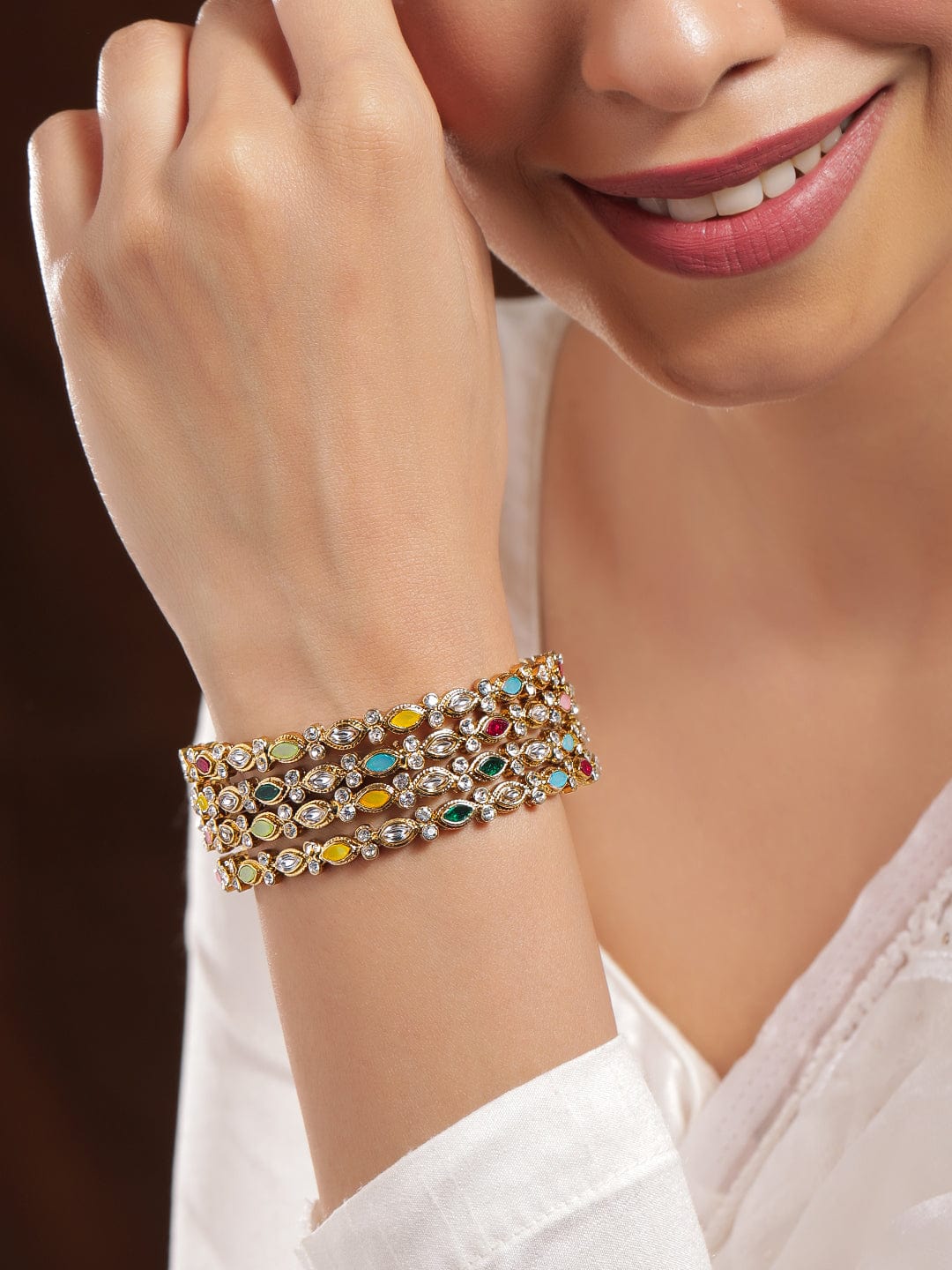 Set of 4 18K Mehandi Gold-Plated Multicolor Kundan & Gemstone Studded Bangles - 02-Apr