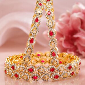 Set of 4 18K Mehandi Gold-Plated Ruby Pink & White Kundan Studded Designer Bangles - 2.6