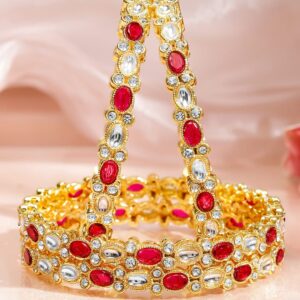 Set of 4 18K Mehandi Gold-Plated Ruby Pink & White Kundan Studded Zirconia Bangles - 2.4