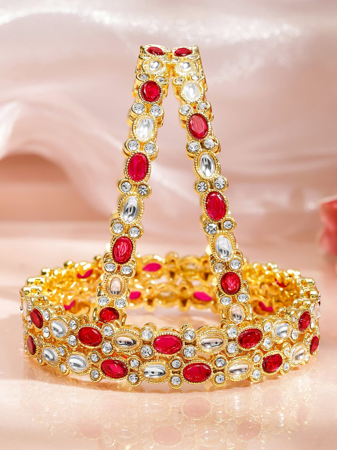 Set of 4 18K Mehandi Gold-Plated Ruby Pink & White Kundan Studded Zirconia Bangles - 2.6