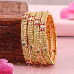 Set of 4 22K Gold-Plated Bangles with Ruby & Emerald Accents and Kundan Detailing - 02-Apr