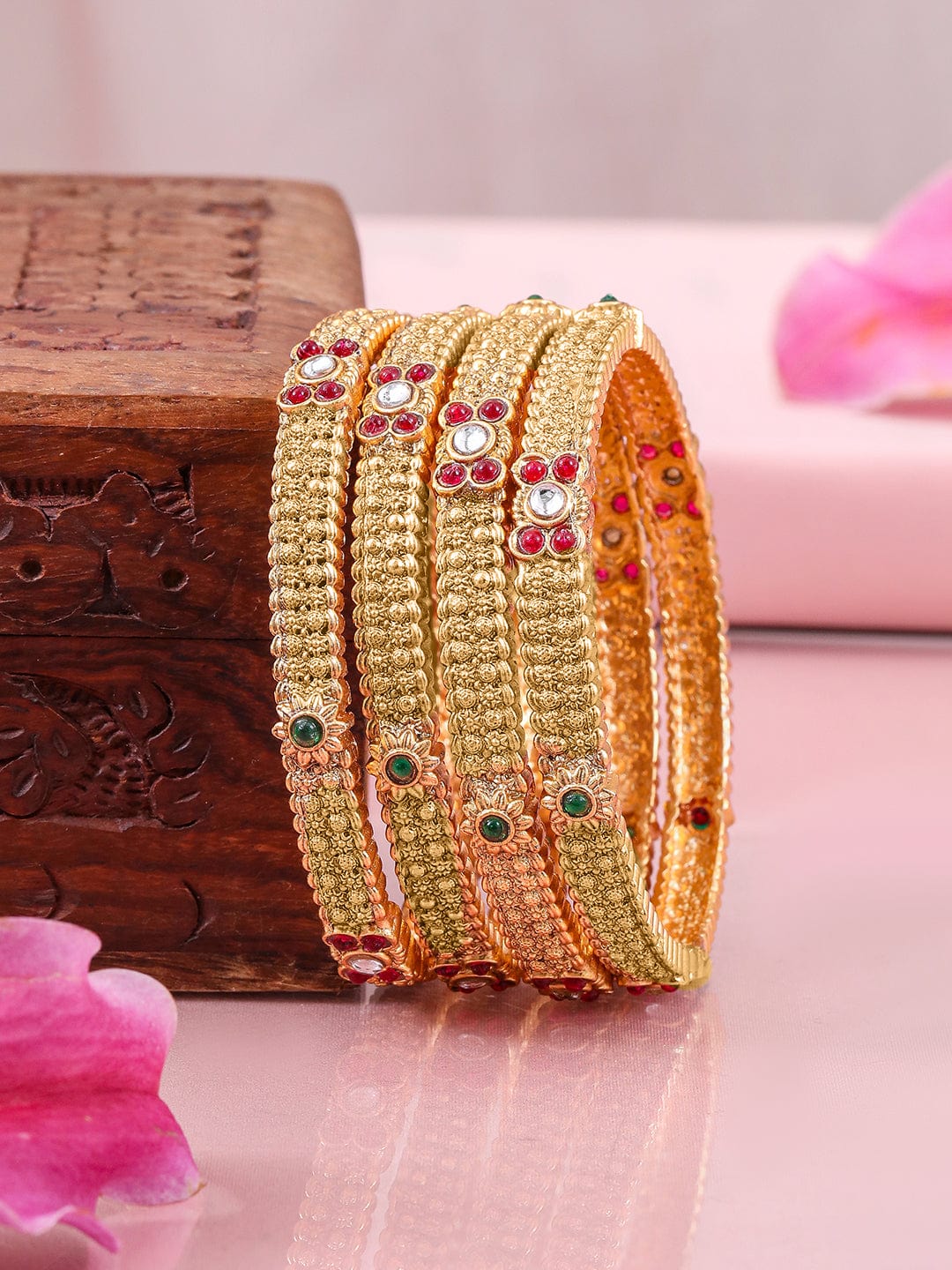 Set of 4 22K Gold-Plated Bangles with Ruby & Emerald Accents and Kundan Detailing - 02-Aug