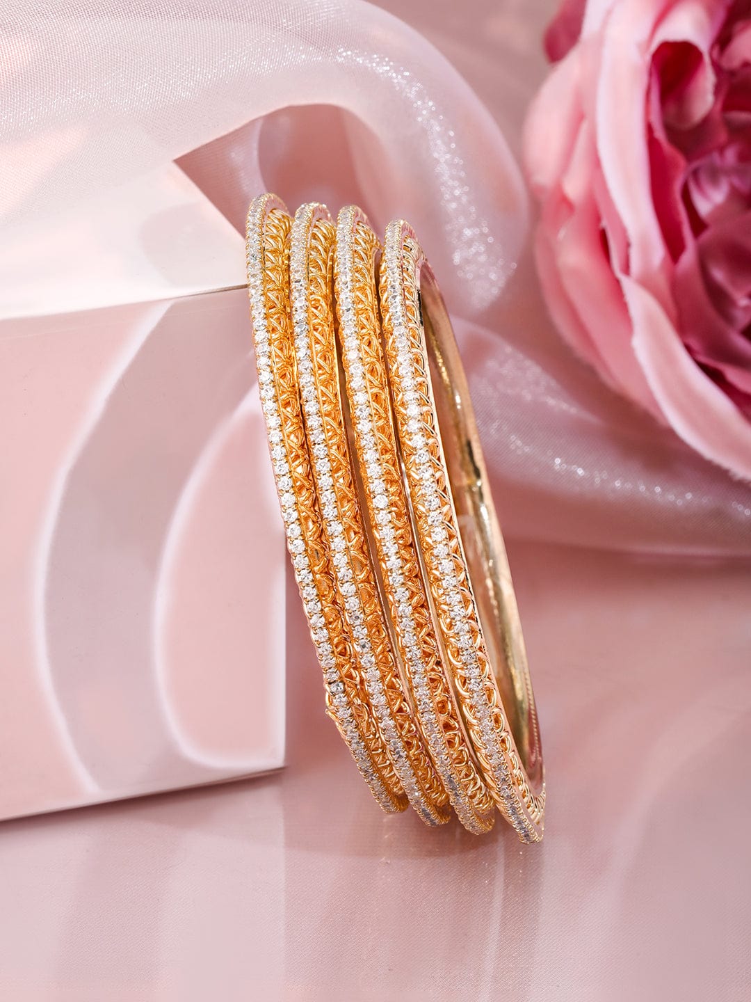 Set of 4 22K Gold-Plated Cubic Zirconia Studded Bangles - 2.6