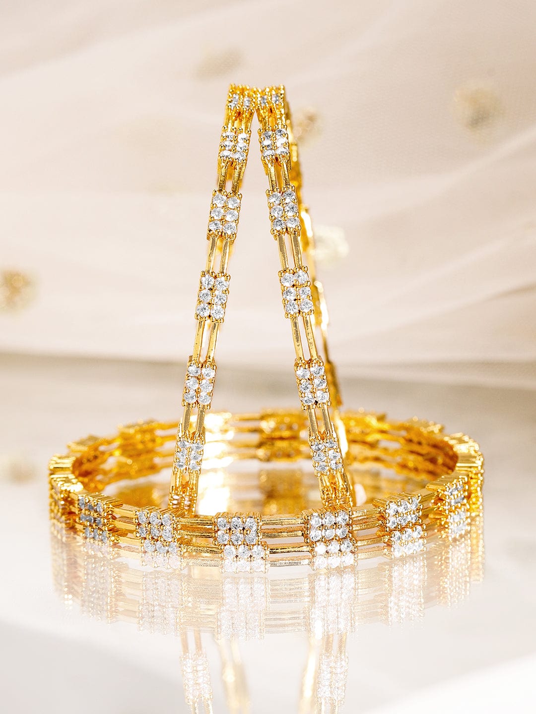 Set of 4, 22K Gold-Plated & Cubic Zirconia Studded Handcrafted Bangles - 02-Apr