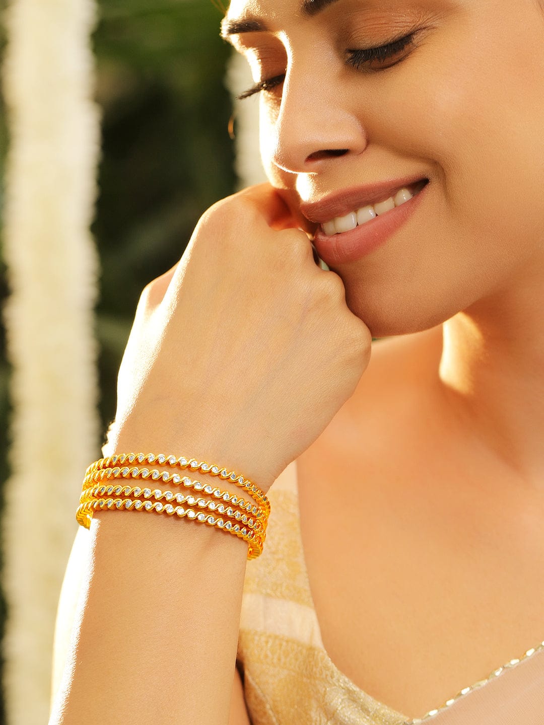 Set of 4, 22K Gold-Plated Cubic Zirconia Studded Handcrafted Bangles - 02-Jun