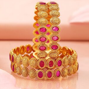 Set of 4, 22K Gold-Plated Ruby Pink Stone & Filigree Design Traditional Bangles - 02-Jun