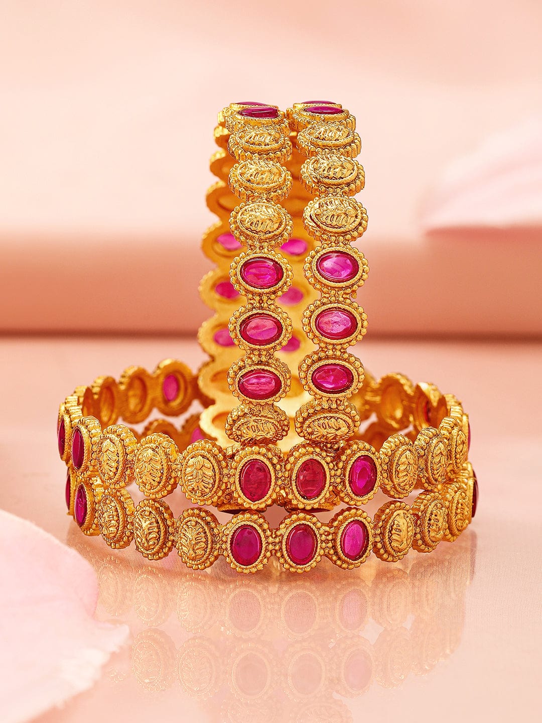 Set of 4, 22K Gold-Plated Ruby Pink Stone & Filigree Design Traditional Bangles - 02-Aug
