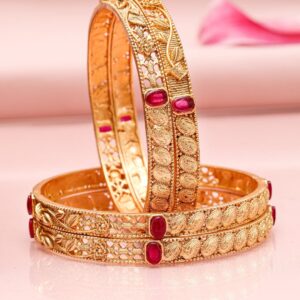 Set of 4, 22K Gold-Plated Ruby Pink Stone Studded Filigree Traditional Bangles - 2.4