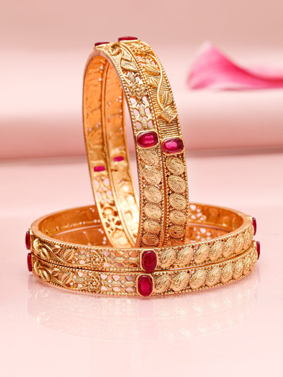 Set of 4, 22K Gold-Plated Ruby Pink Stone Studded Filigree Traditional Bangles - 2.4