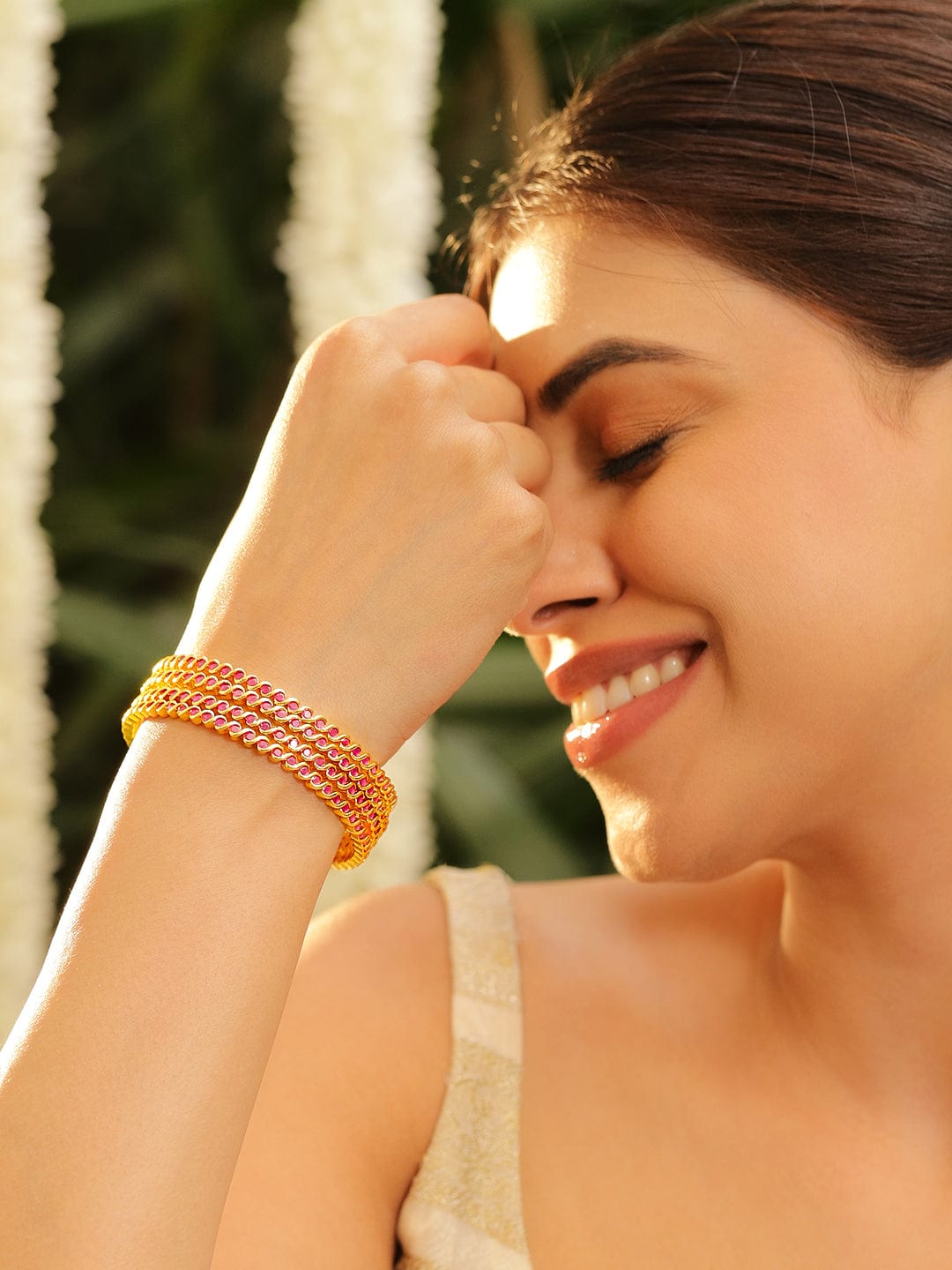 Set of 4, 22K Gold-Plated Ruby Pink Stone Studded Handcrafted Bangles - 02-Apr