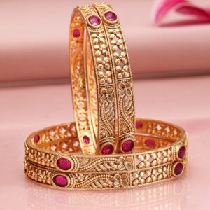 Set of 4 22K Gold-Plated Ruby Pink Stone Studded Traditional Motif Bangles - 2.4