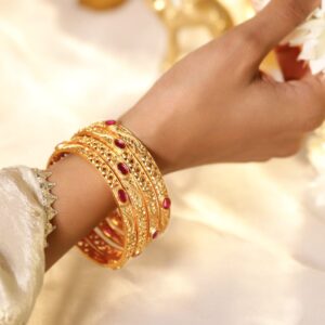 Set of 4, 22K Gold-Plated Ruby Pink Stone & Traditional Motif Bangles - 2.6