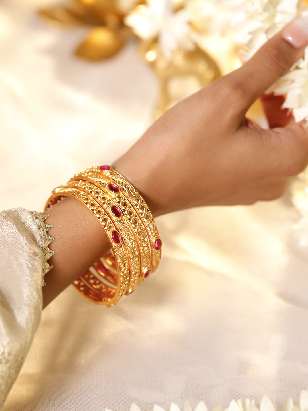 Set of 4, 22K Gold-Plated Ruby Pink Stone & Traditional Motif Bangles - 2.4