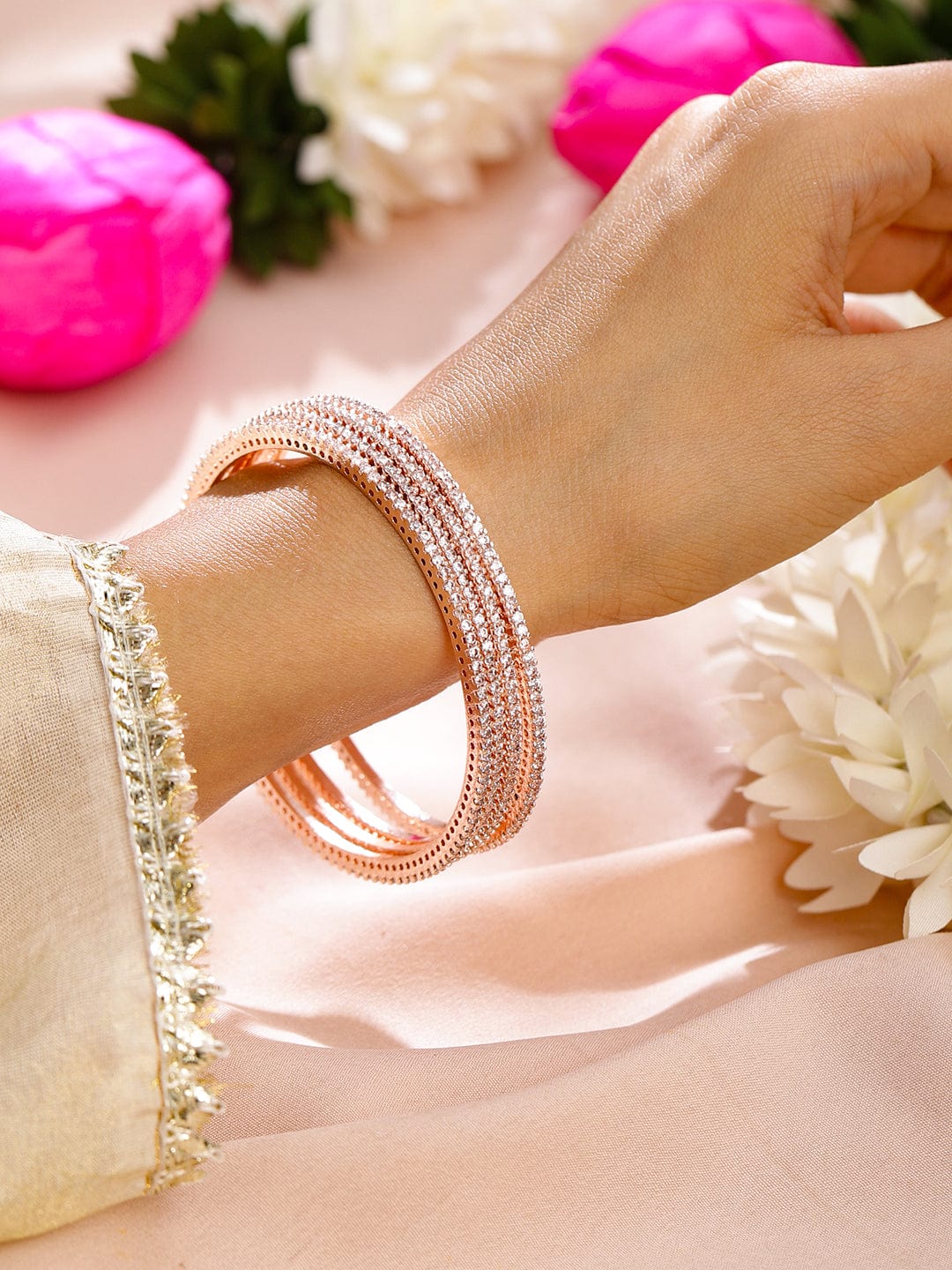 Set of 4 22K Rose Gold-Plated Sparkling White Cubic Zirconia Stones Premium Bangle - 02-Aug